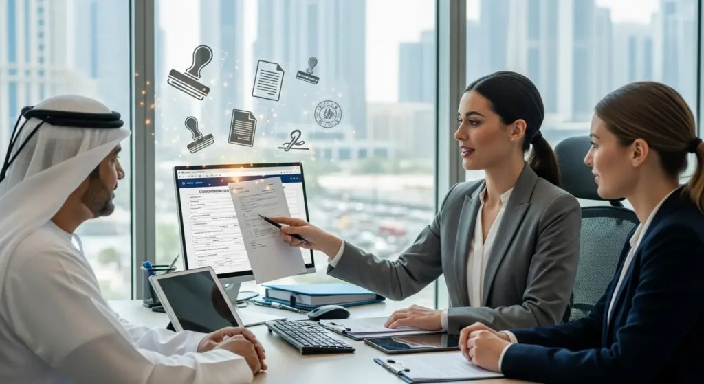 A business consultant reviewing financial reports with accounting software, a calculator, and spreadsheets on the desk.