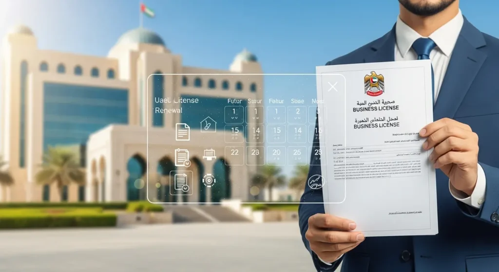 A business owner reviewing the business license renewal document with a UAE government building in the background.