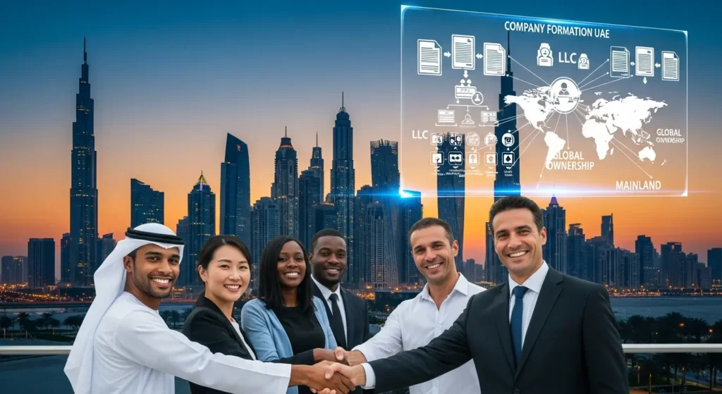 A diverse group of entrepreneurs shaking hands in front of a UAE skyline, symbolizing company formation and ownership models.