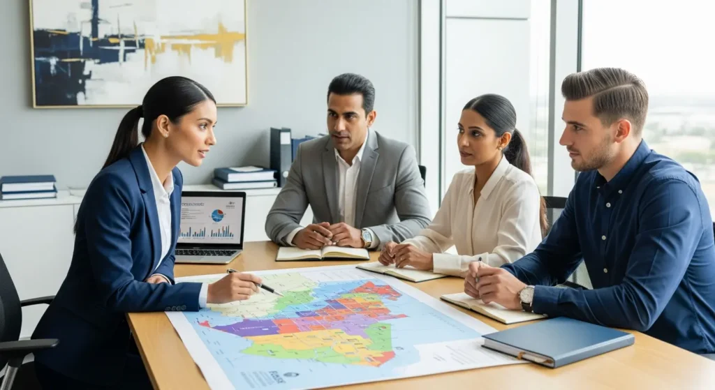 A business consultant guiding entrepreneurs on the process of setting up a business in a UAE free zone with a UAE map and free zone locations in the background.