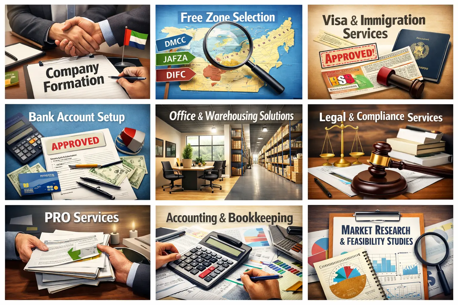 A collection of nine digital images showcasing business consultancy services for free zone setups in the UAE, including company formation, bank account setup, visa services, legal services, and more.