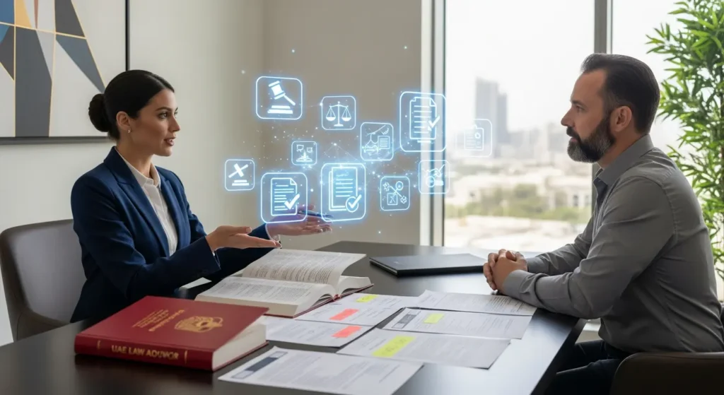 A legal consultant discussing compliance documents with a client, with law books and legal tools visible in the background.