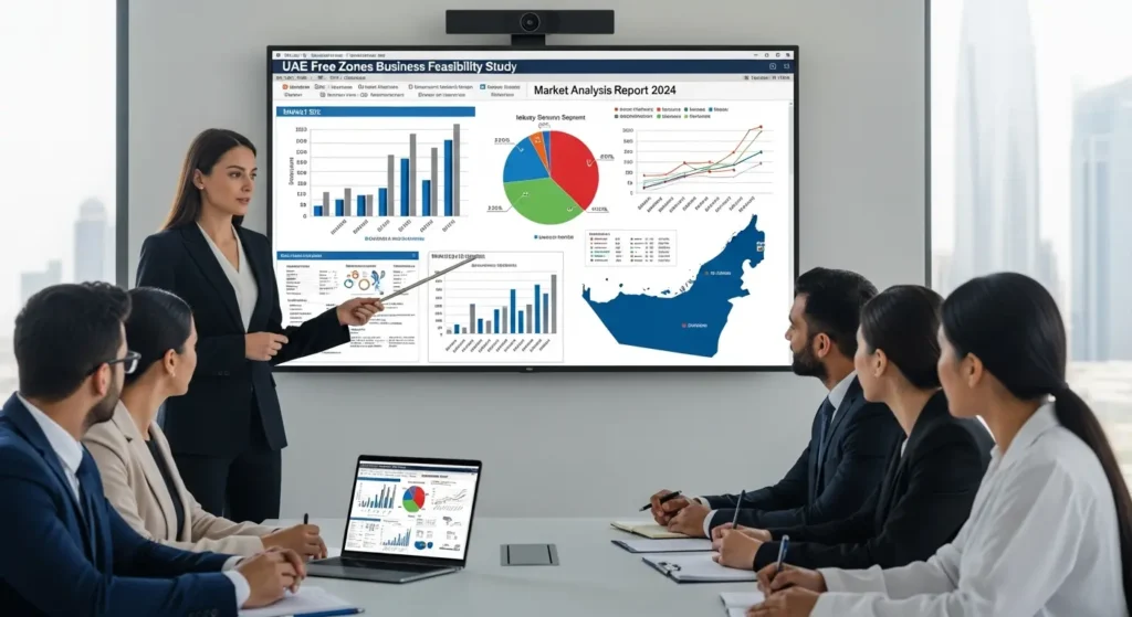 A business consultant presenting market research and feasibility study reports, including graphs and data visualizations, to clients.