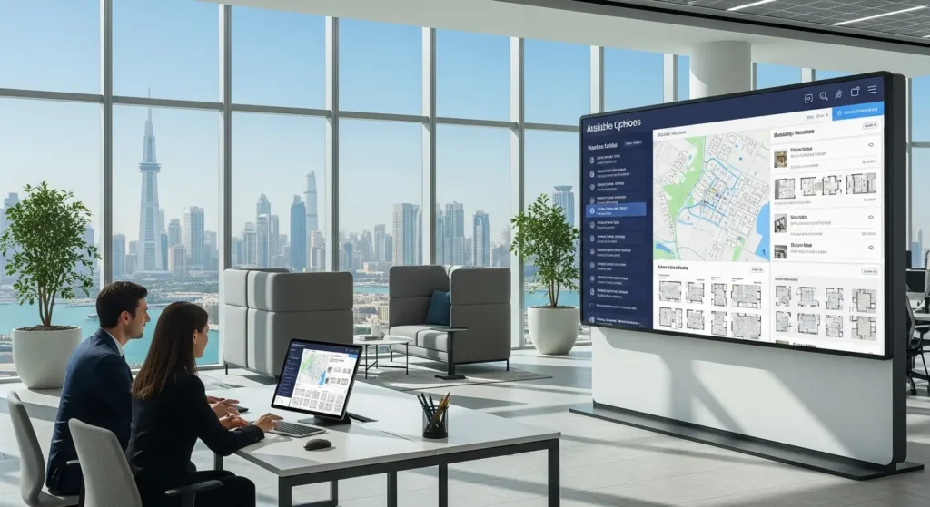 A modern office space with a consultant showing a digital interface of available office and warehouse spaces in a UAE free zone.