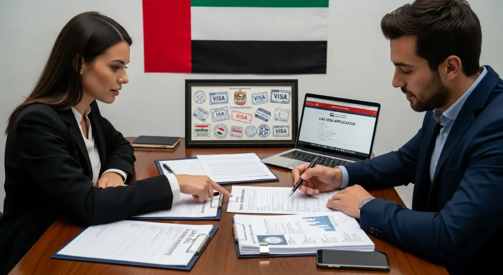 A consultant assisting an entrepreneur in filling out a visa application form with UAE visa stamps in the background.